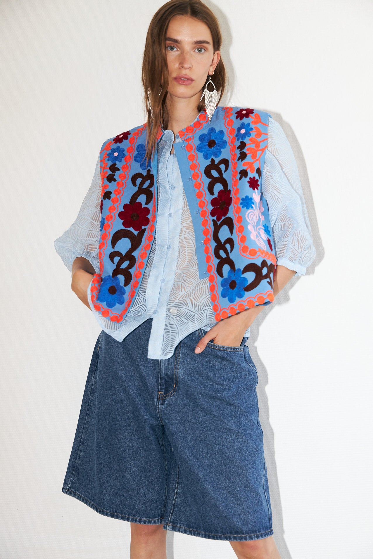 Artistic blue vest with floral embroidery | Lollys Laundry