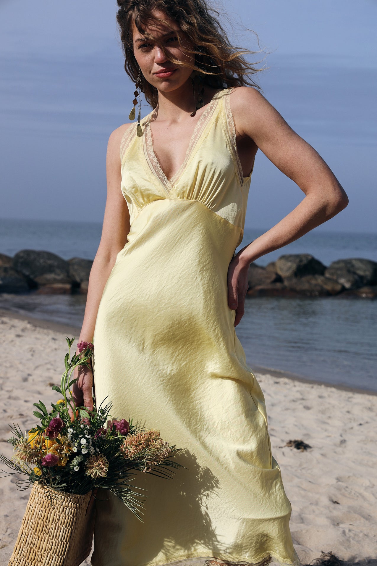 ClariLL Midi Dress in Light Yellow with lace details