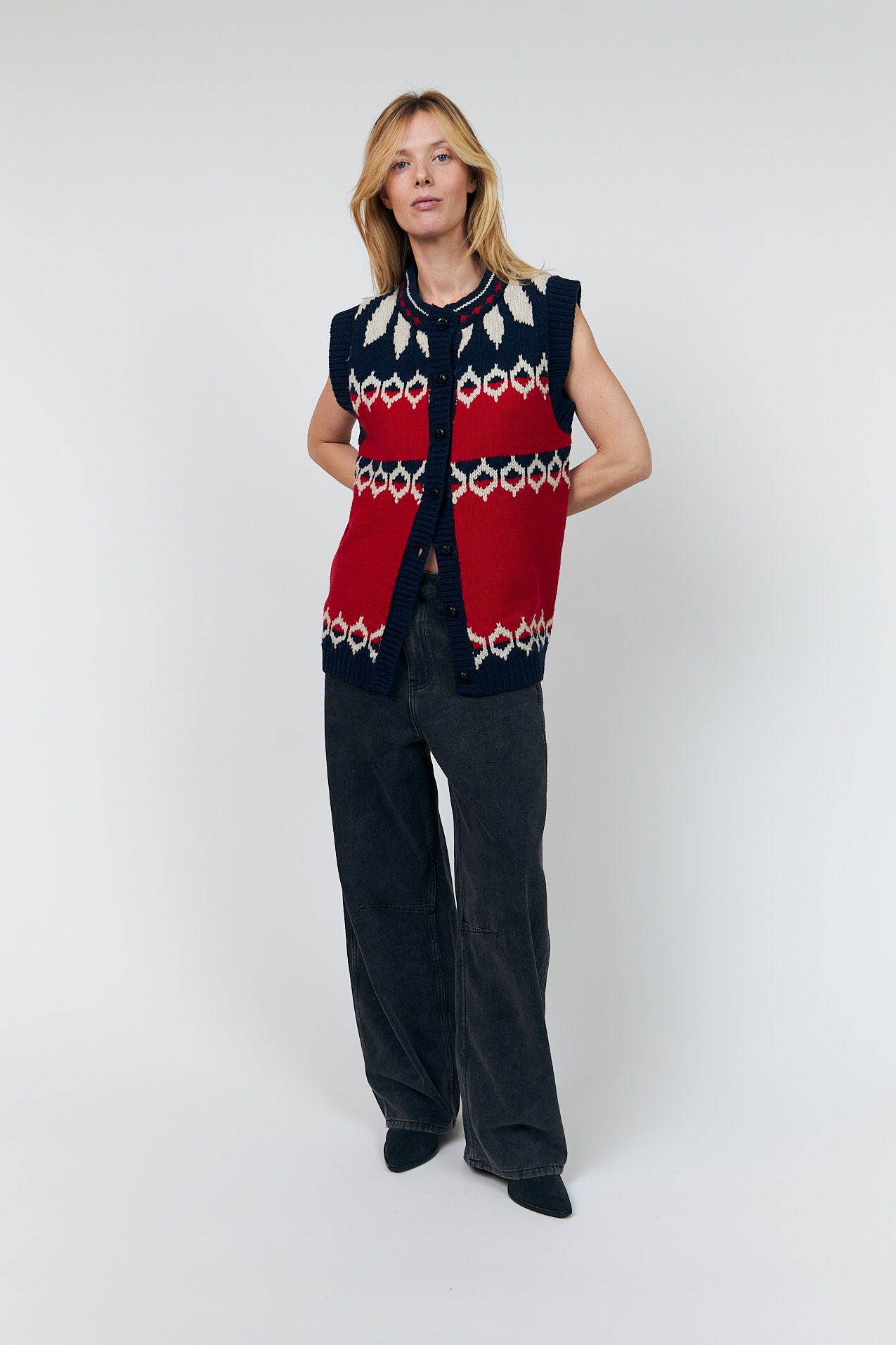 トップス KILIG tulle vest kids red CleoLL Knitted Vest with Nordic Pattern in Red | Lollys Laundry