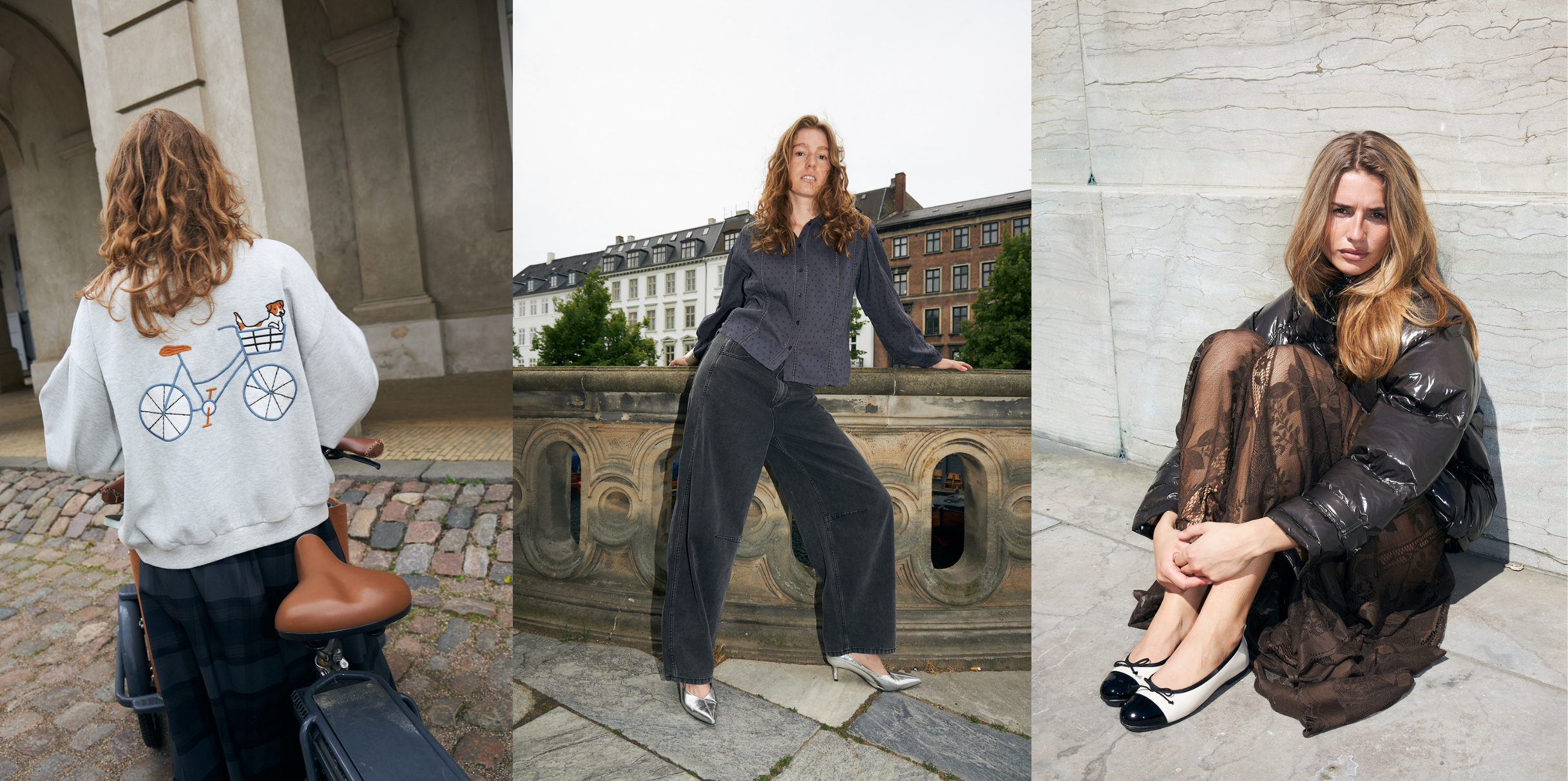 Three autumn looks from Lollys Laundry featuring a sweatshirt with bicycle motif, dark shirt and jeans, and a brown lace dress styled with a puffer jacket.