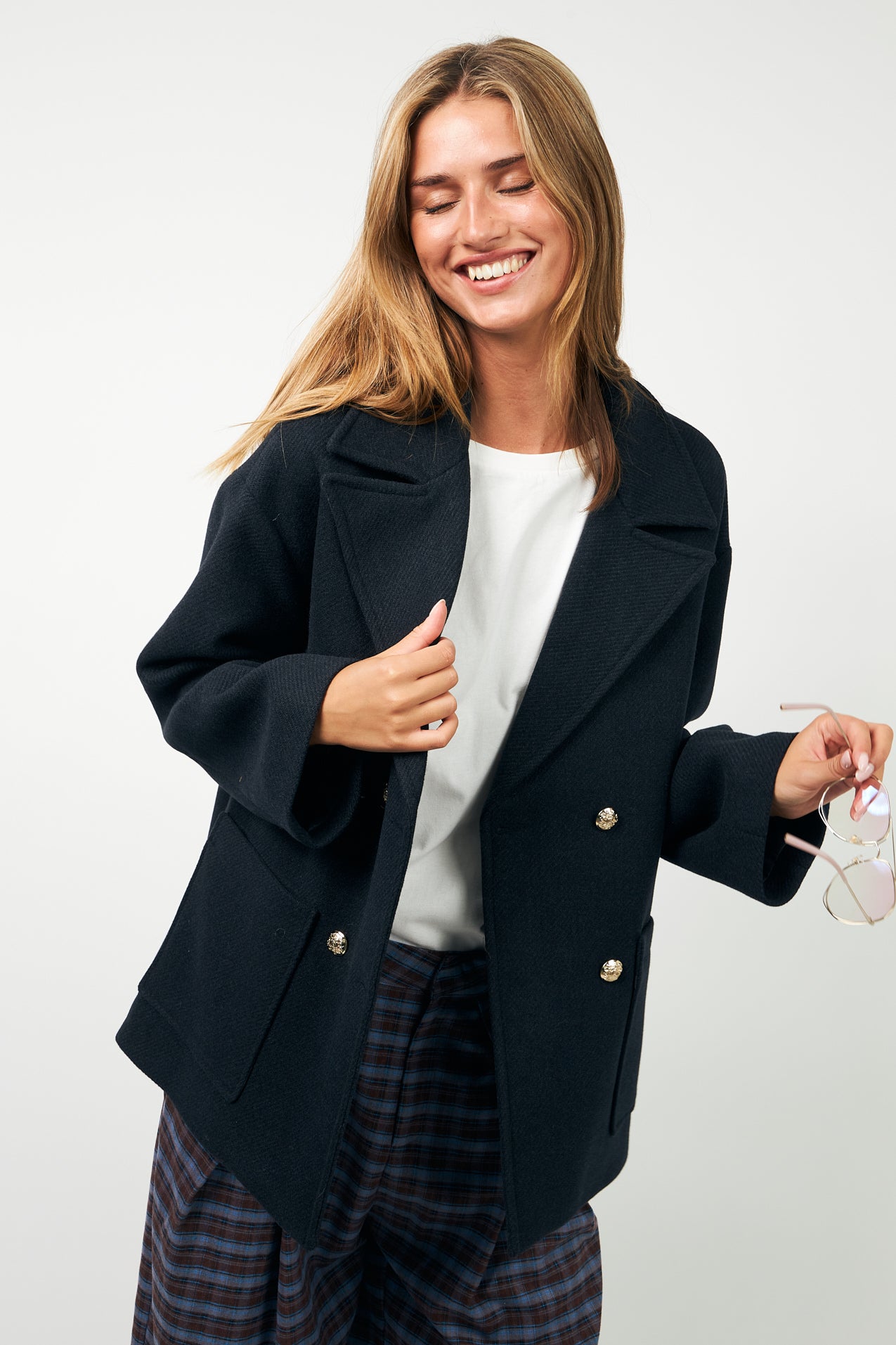 EstherLL short coat in dark navy with statement buttons | Lollys