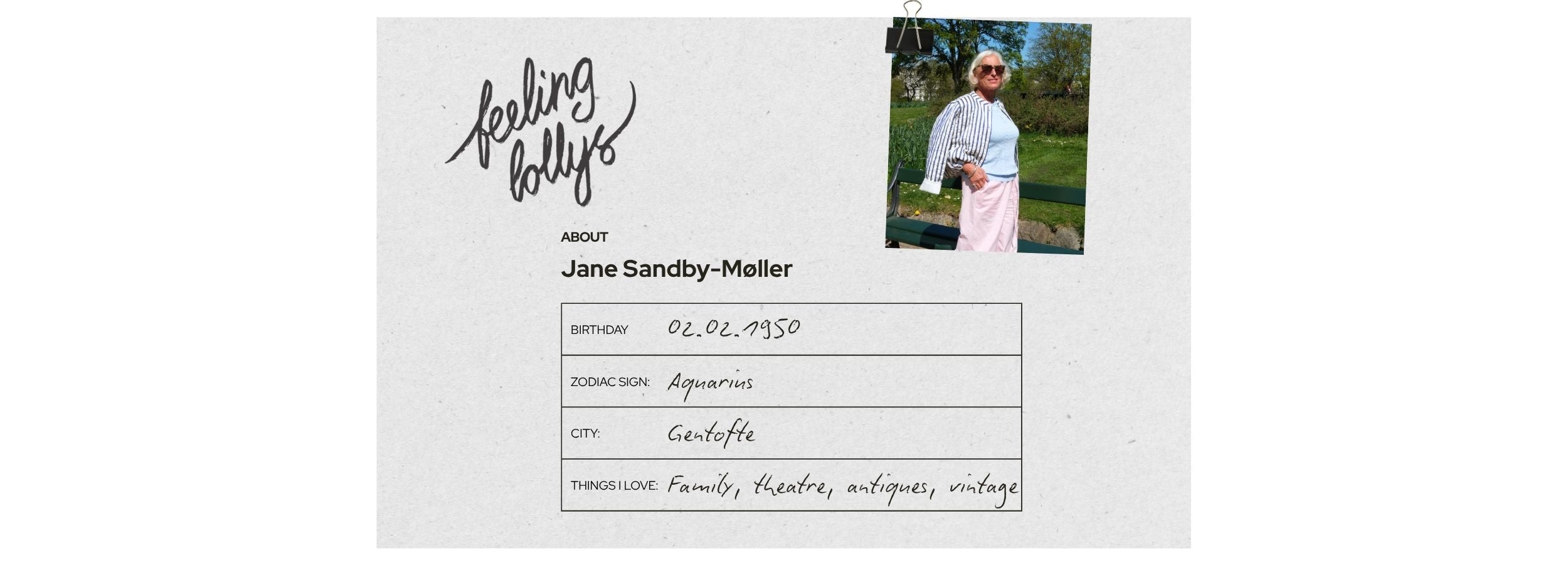 profile card with a photo of Jane and text on a grey background