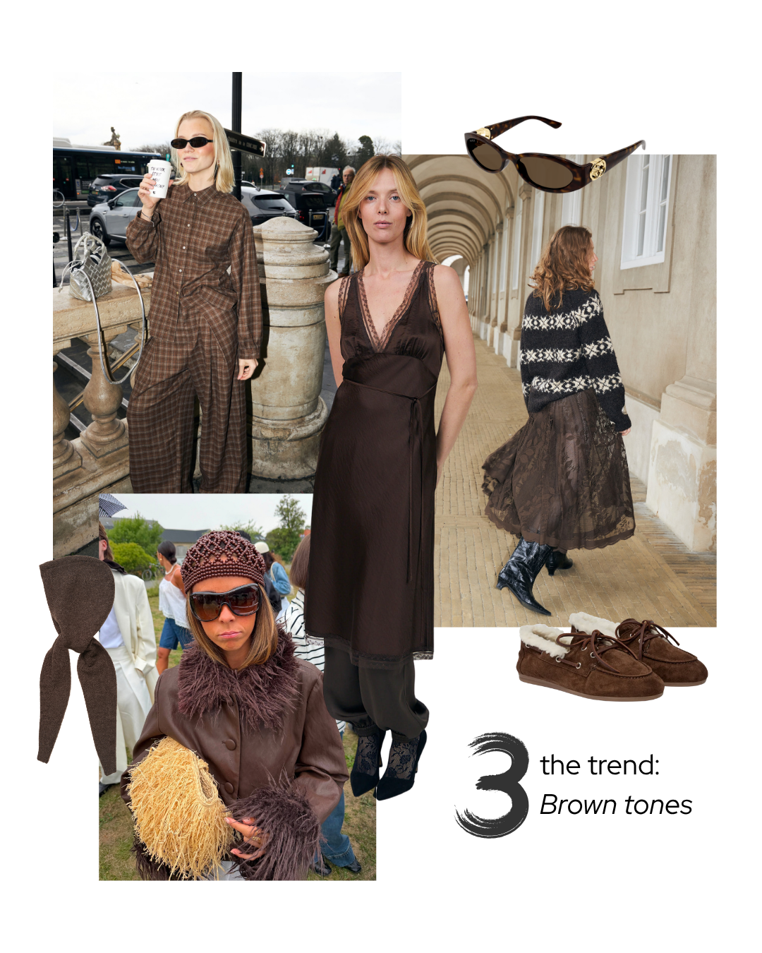 A fashion collage: Brown tones' featuring multiple women wearing brown outfits, including plaid jumpsuits, a dark brown dress, a patterned brown coat, brown shoes, sunglasses, and a brown hat. The layout includes outdoor and architectural settings, making the subject type Lifestyle.