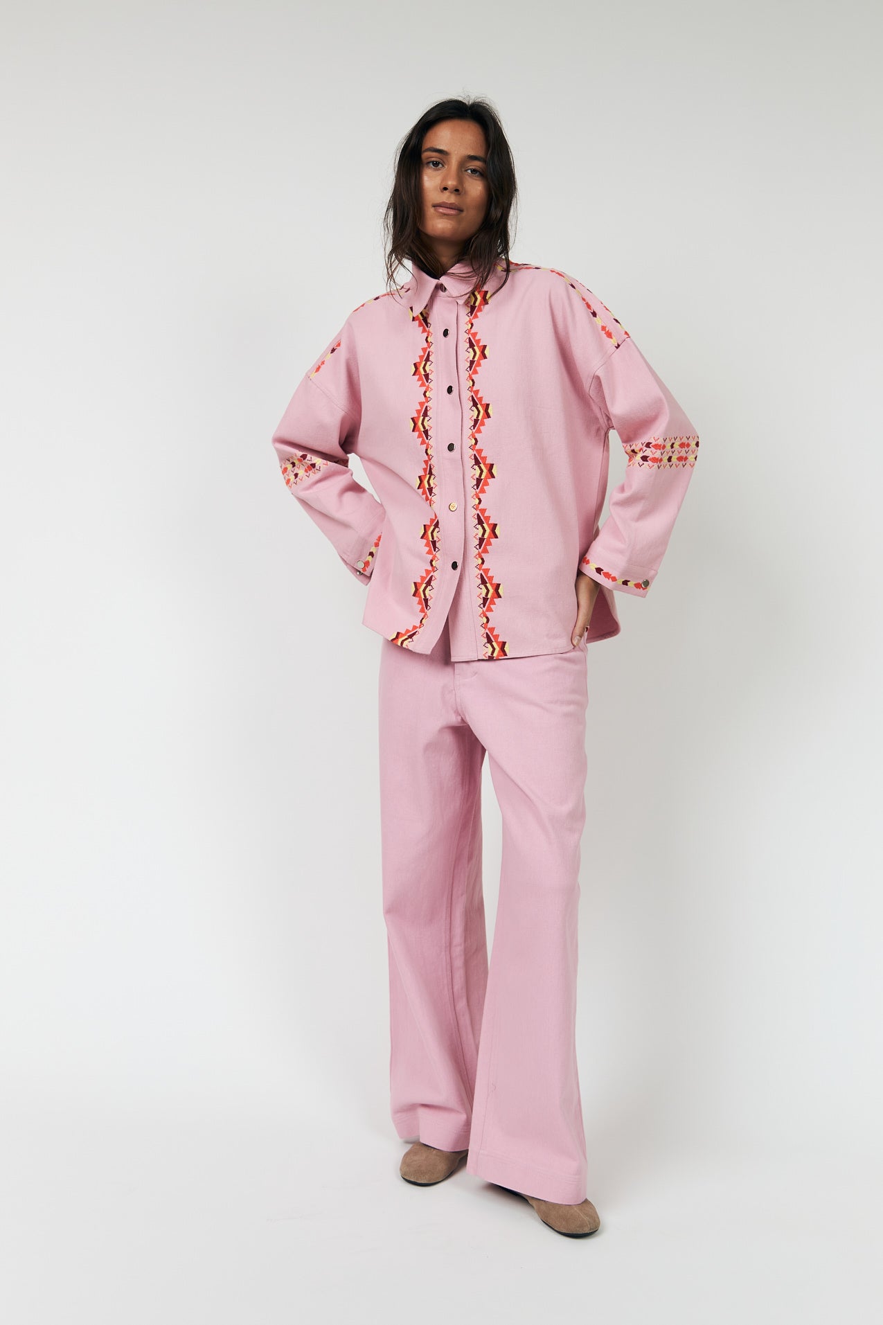 Oversized pink denim overshirt with embroidery | Lollys Laundry