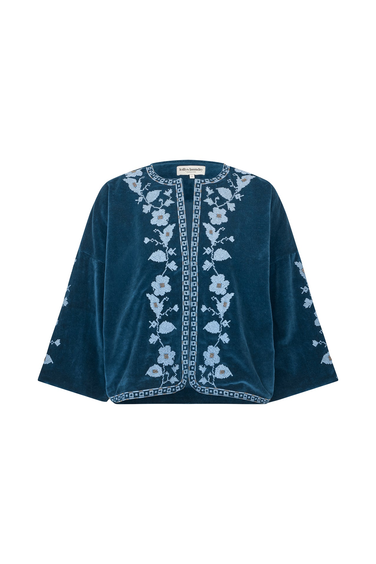 Dark blue velour jacket with floral embroidery | Lollys Laundry