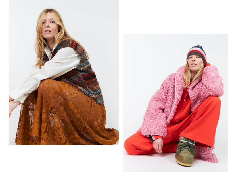 Two colourful autumn looks from Lollys Laundry featuring a knitted vest with a brown lace skirt and a pink teddy jacket with a red set and striped beanie.