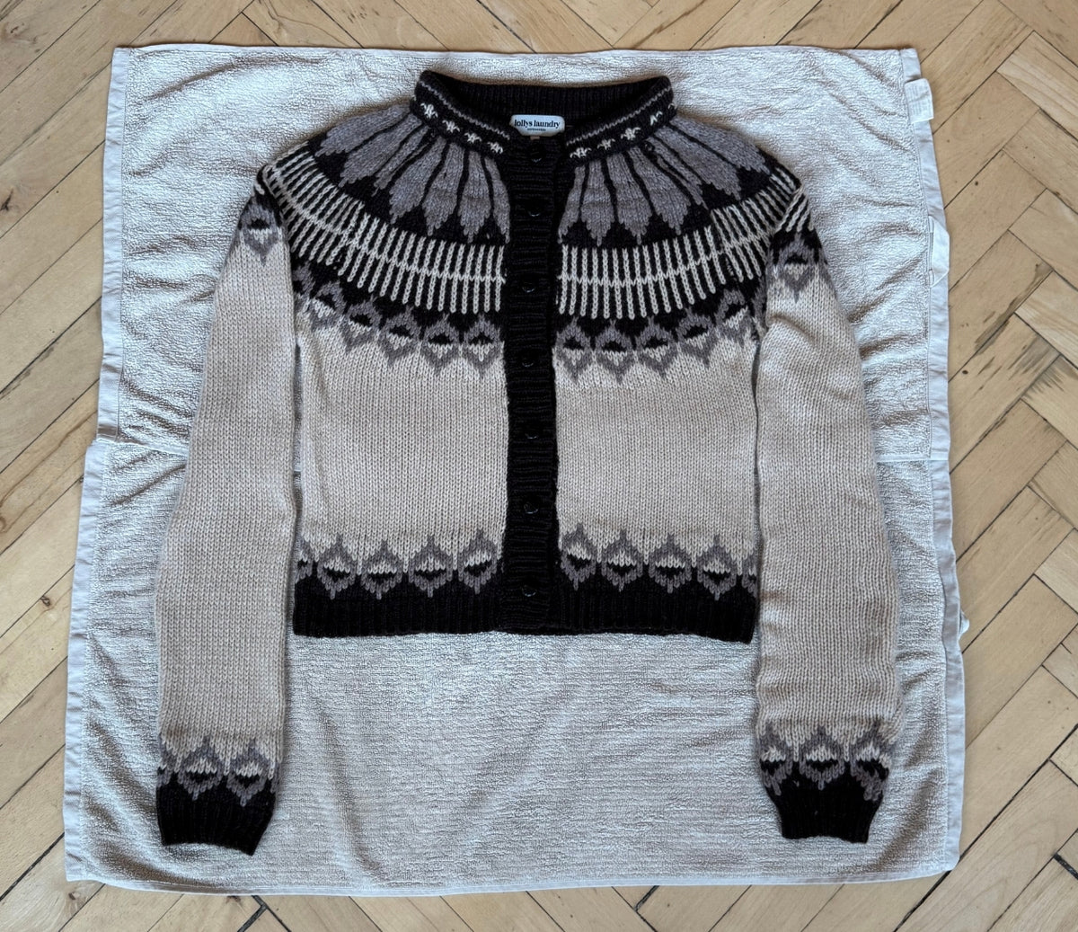 Knit sweater drying flat.