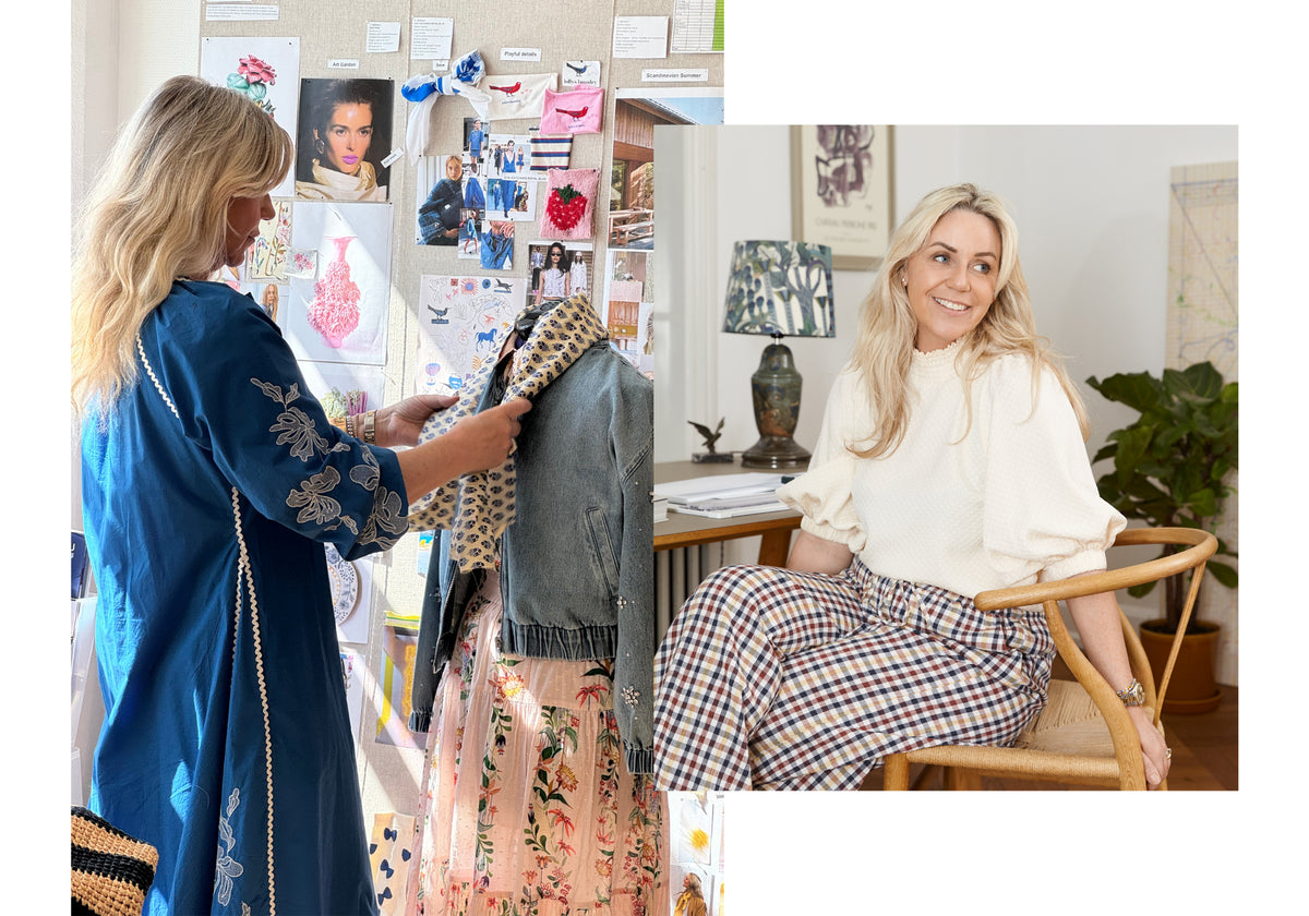 Images of founder and designer Kamilla Byriel sitting on a chair, standing in front of a moodboard and styling clothes on a mannequin.