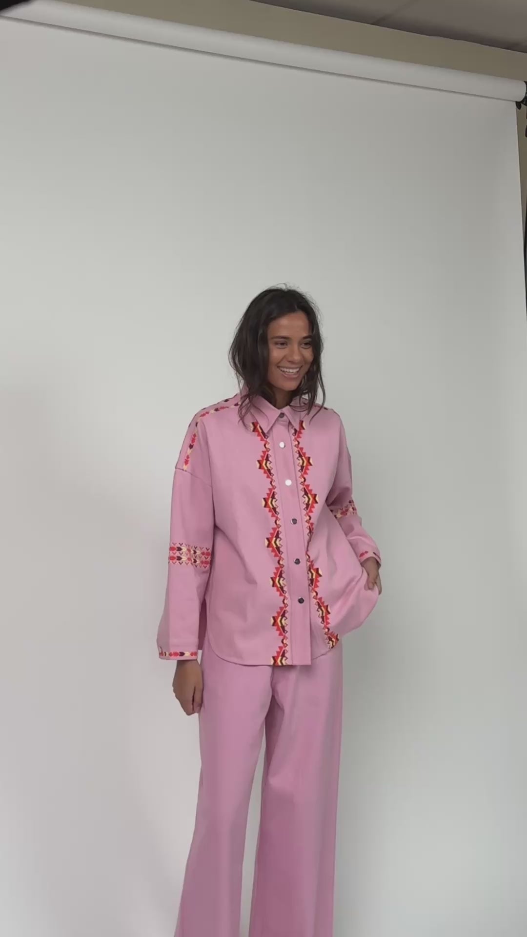Oversized pink denim overshirt with embroidery | Lollys Laundry